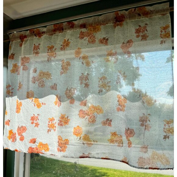 Vintage 70s curtain, orange, brown flowers, with or without ruffles - Picture 2 of 9